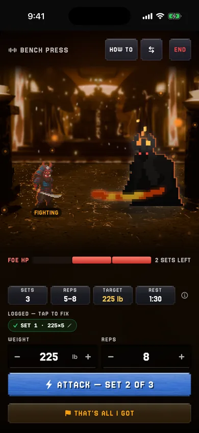 Menos fight screen: a hero faces a fire boss mid bench press, with the boss HP bar and the set log below.
