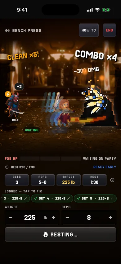 A co-op fight on iPhone: two party members hit the same boss for a combo.