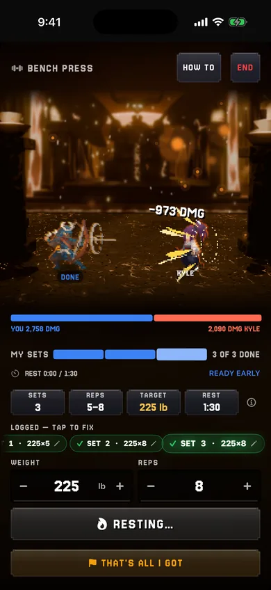 A duel in progress, with both lifters' damage bars side by side.