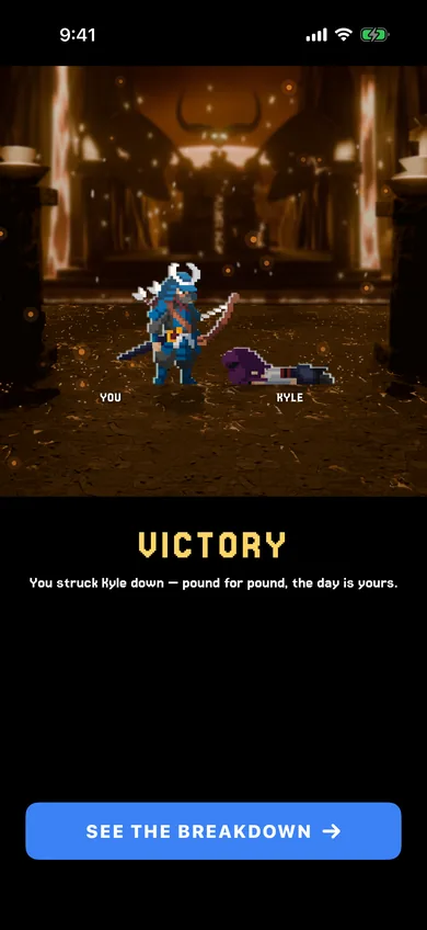 Duel victory screen: you struck your rival down, pound for pound.