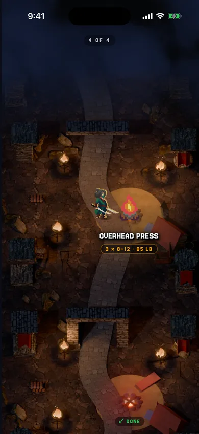The dungeon map: the hero walks a torch-lit path to the next exercise, overhead press.