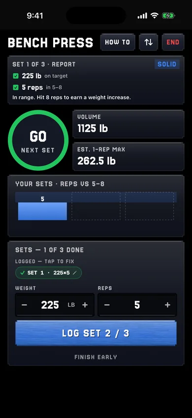 Logging Mode: bench press sets logged as plain numbers, with the dungeon turned off.