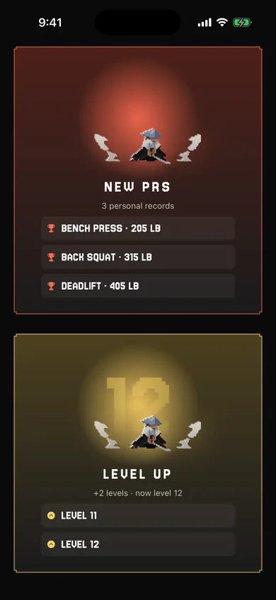 After the workout: three new personal records and a level up to level 12.