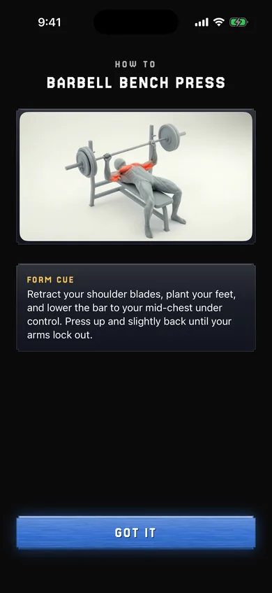 How-to screen for the barbell bench press, with a demo animation and a form cue.