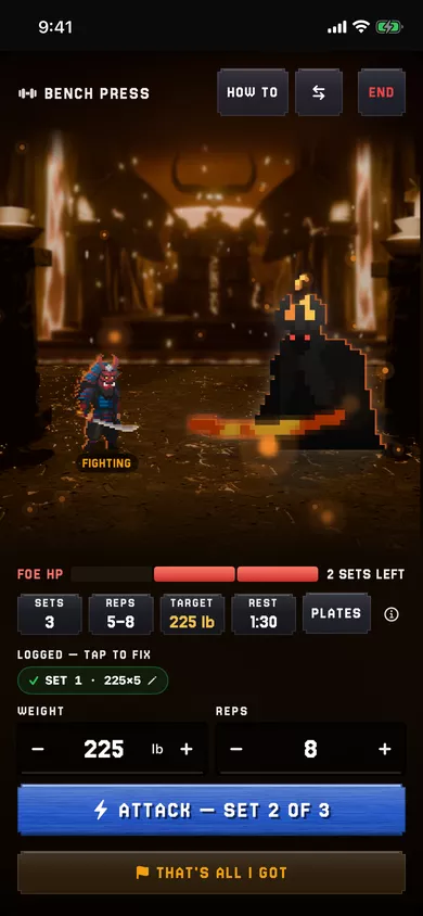 The fight screen during a bench press: the Berserker faces the Lord of Flames, with the boss health bar, sets, reps, target weight, rest time and an Attack button for set 2 of 3.
