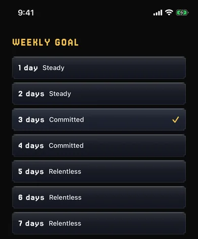 The weekly goal picker: choose 1 to 7 days a week, from Steady to Relentless, with 3 days checked.