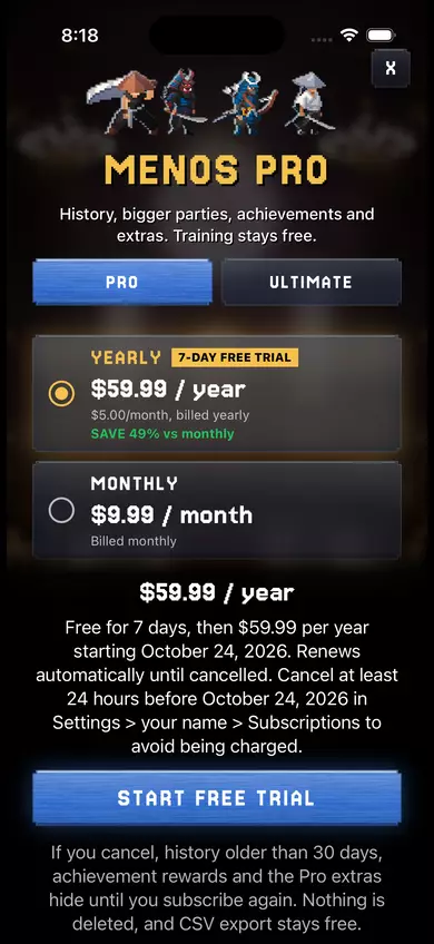 The Menos Pro store sheet: a yearly price with a 7-day free trial, or a monthly price, with the renewal terms under the price.