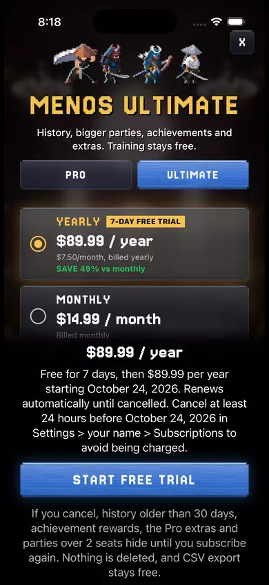The Ultimate tab of the store sheet: $89.99 a year with a 7-day free trial, or $14.99 a month.