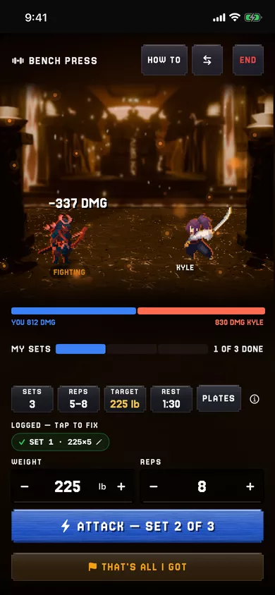 A duel in the app: a Ranger and a Berserker trade hits, with a tug-of-war damage bar between the two lifters.
