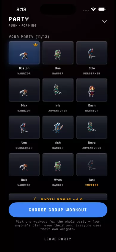 A co-op party lobby with 11 of 12 seats filled, hosted on Ultimate.