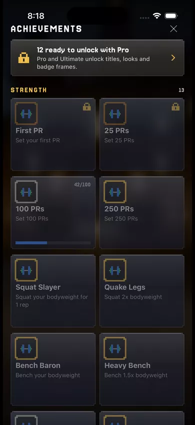 The Achievements list on a Free account, locked, with the card that reads 12 ready to unlock with Pro.
