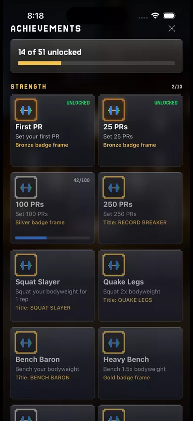 The Achievements list on a Pro account, with the Strength group open and some badges unlocked.