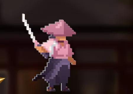 The pixel-art adventurer hero wearing the Sakura skin.