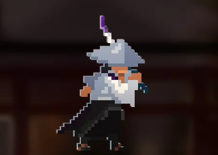The pixel-art adventurer hero wearing the Void Blade weapon finish.