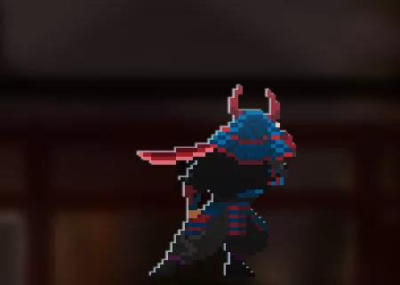 The pixel-art berserker hero wearing the Bloodsteel weapon finish.