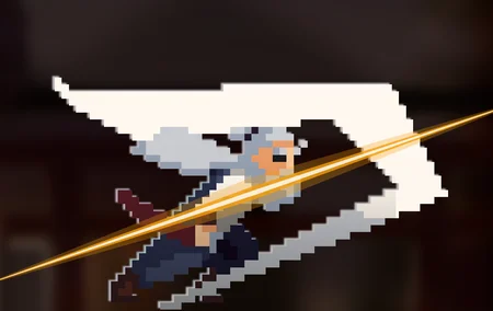 The pixel-art Grey Sensei hero body for the adventurer, mid-leap.