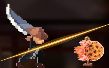 The pixel-art warrior hero mid-swing beside a training dummy hit by the Hellfire effect.