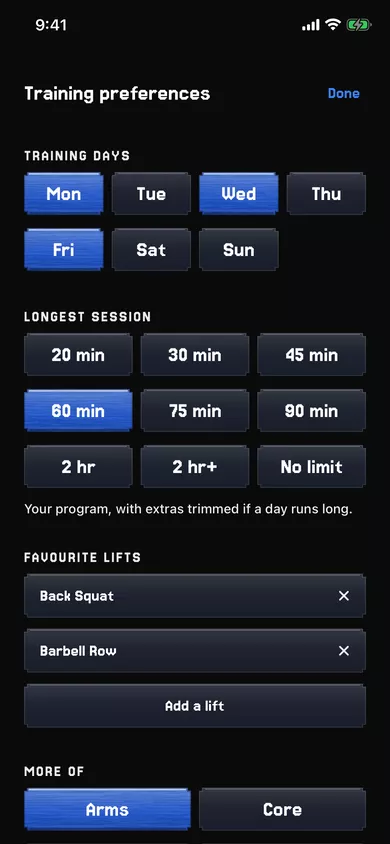 Training preferences: Monday, Wednesday and Friday picked as training days, a 60-minute longest session, and a list of favourite lifts.