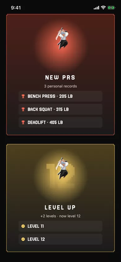 The end-of-workout screens: three new personal records on bench press, back squat and deadlift, then a level-up card showing level 12.