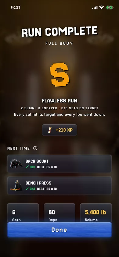 A Run Complete screen with an S grade for a flawless run, 210 XP, and a result row for back squat and bench press.