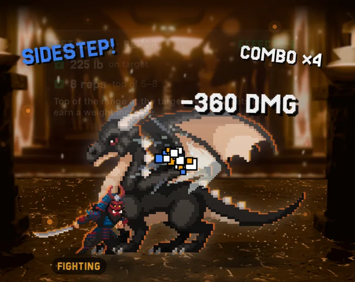 A Menos fight: a pixel-art hero attacks a dragon boss, one bench press set at a time.