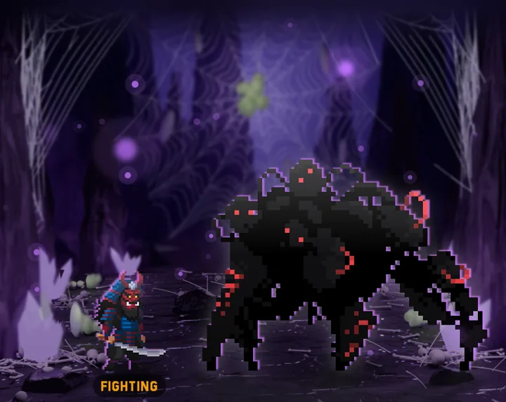 A Menos fight: a pixel-art hero takes on a spider boss, one squat set at a time.